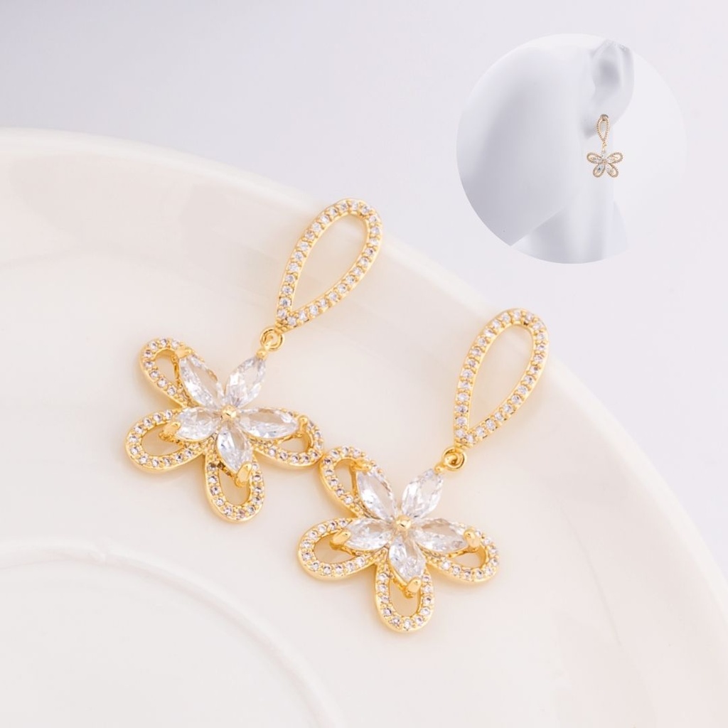 arete colgante de flor con zirconias BAÑO 18K