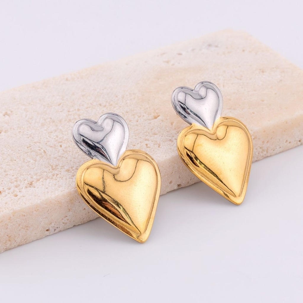 Aretes en acero inoxidable CORAZON DOS TONOS baño 18k