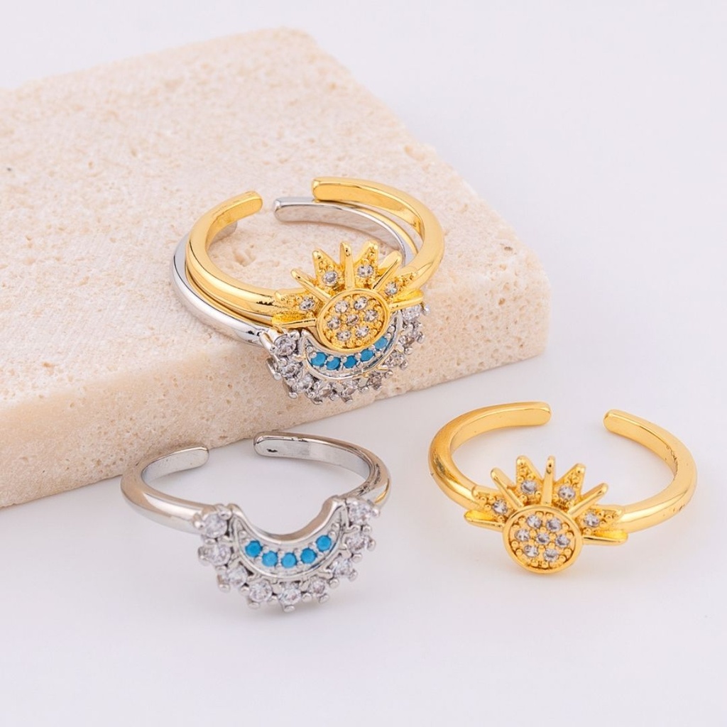 Set de dos Anillos ajustables sol y luna baño 18k
