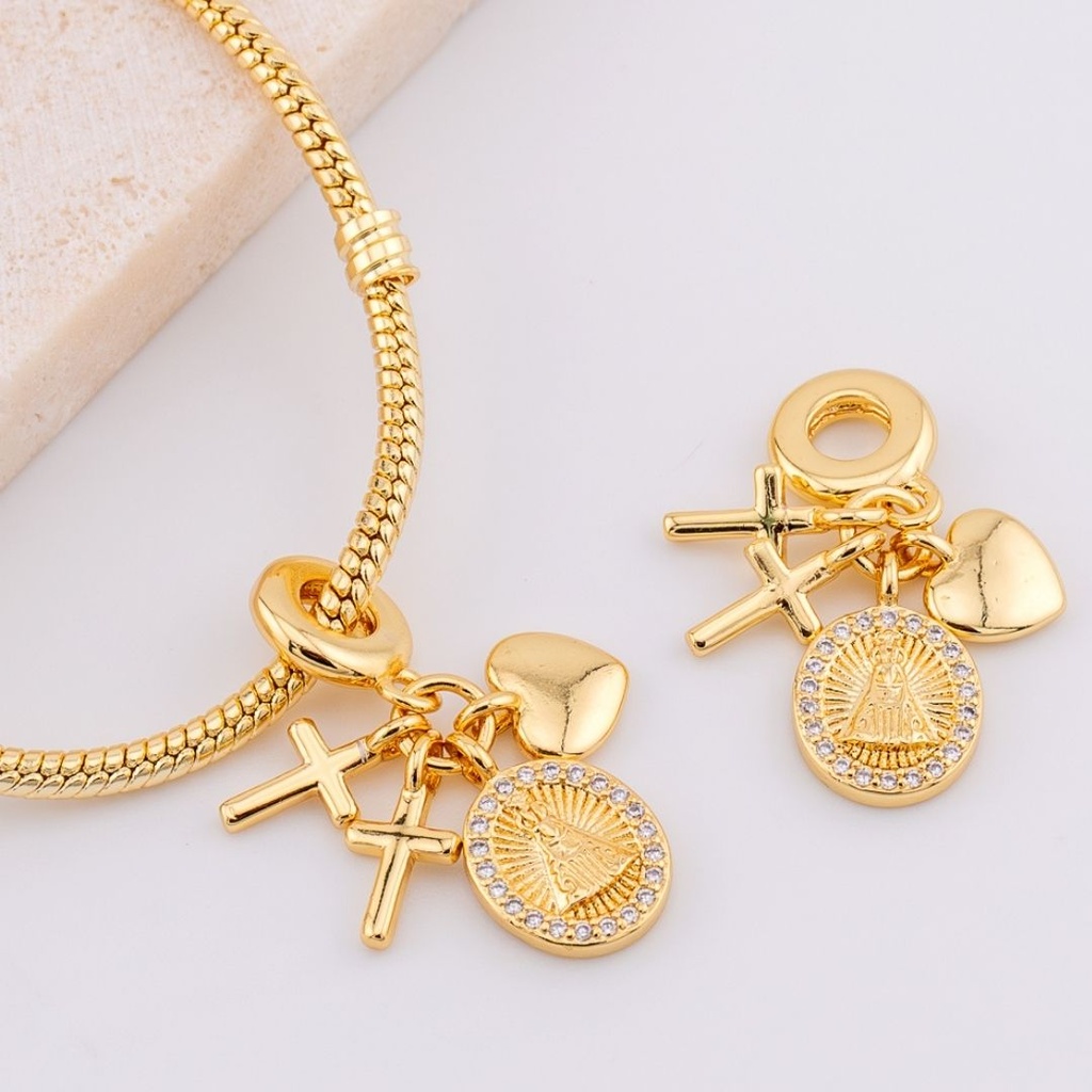 Dije charm micropave CRUZ CORAZON Y VIRGEN DE SUYAPa baño 18k