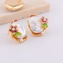 Aretes perla barroca natural flor esmaltada baño 18k