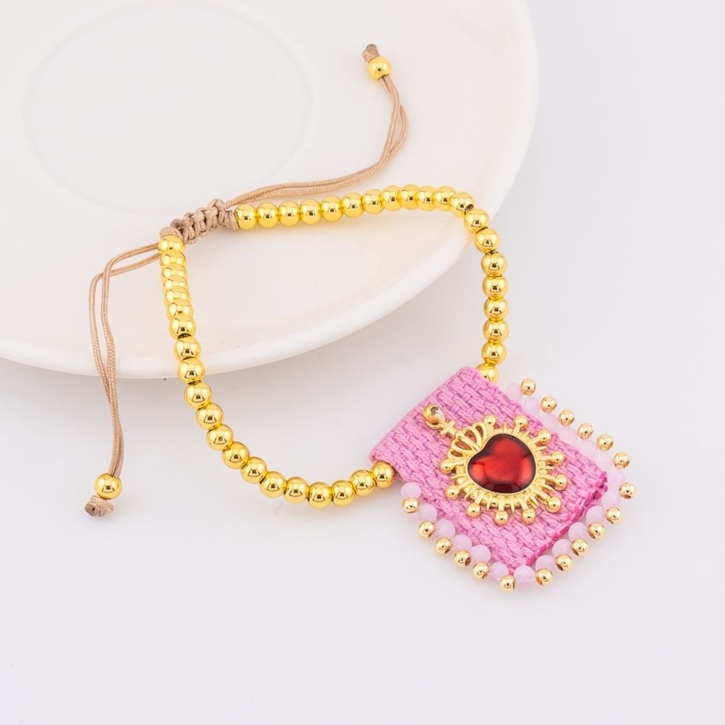 Pulsera ajustable con escapulario tejido a mano con  baño 18k