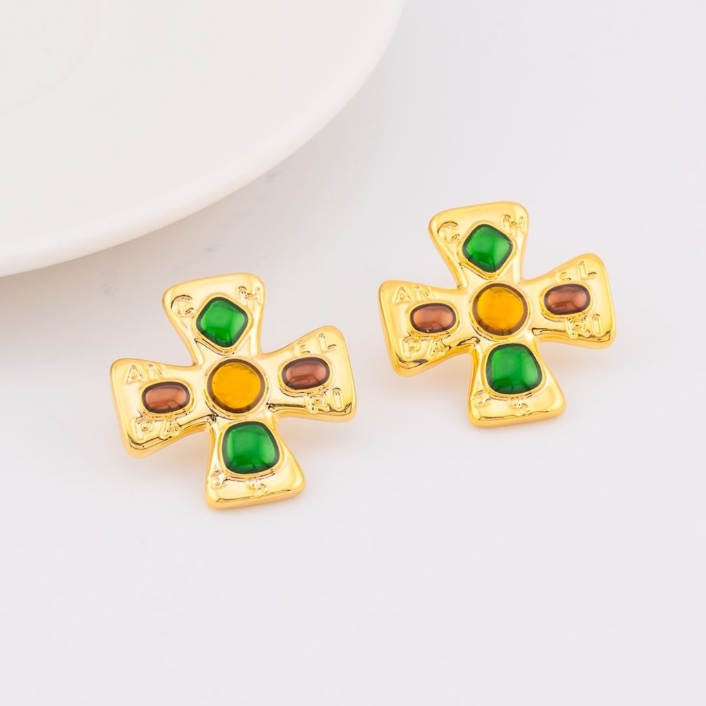 Aretes cruz con zirconias multicor BAÑO 18K