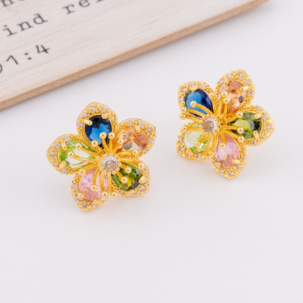 Aretes en forma de flor con zirconias multicolor pin de plata baño 18k