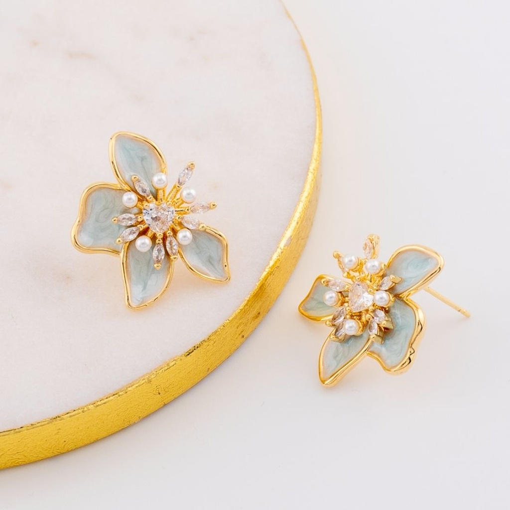 Aretes flor con perlas esmaltado rosa de alta calidad, pin de plata baño 18k