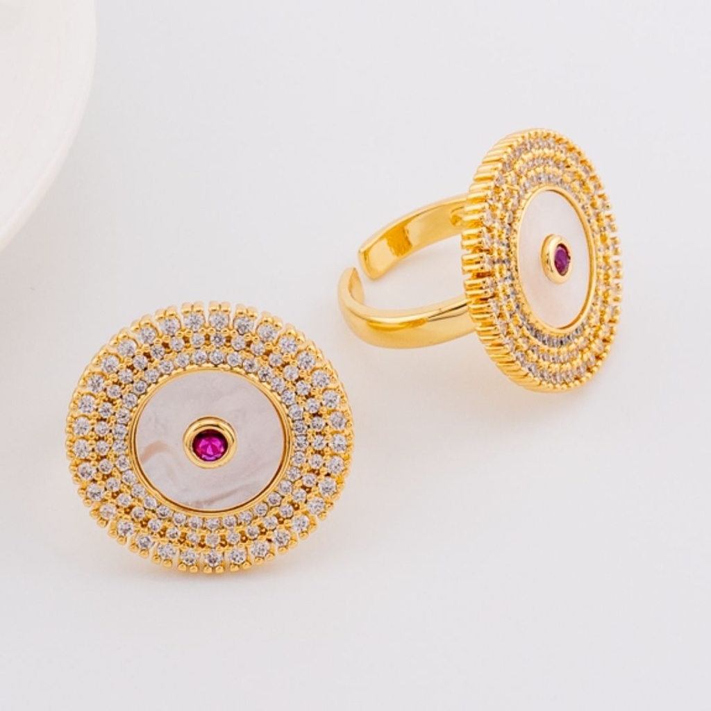 Anillo ajustable con madre perla y zirconias baño 18k