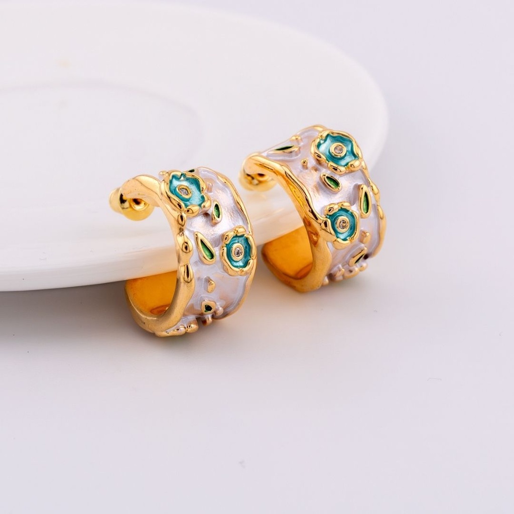Aretes C hoops flores esmaltadas BAÑO 18K