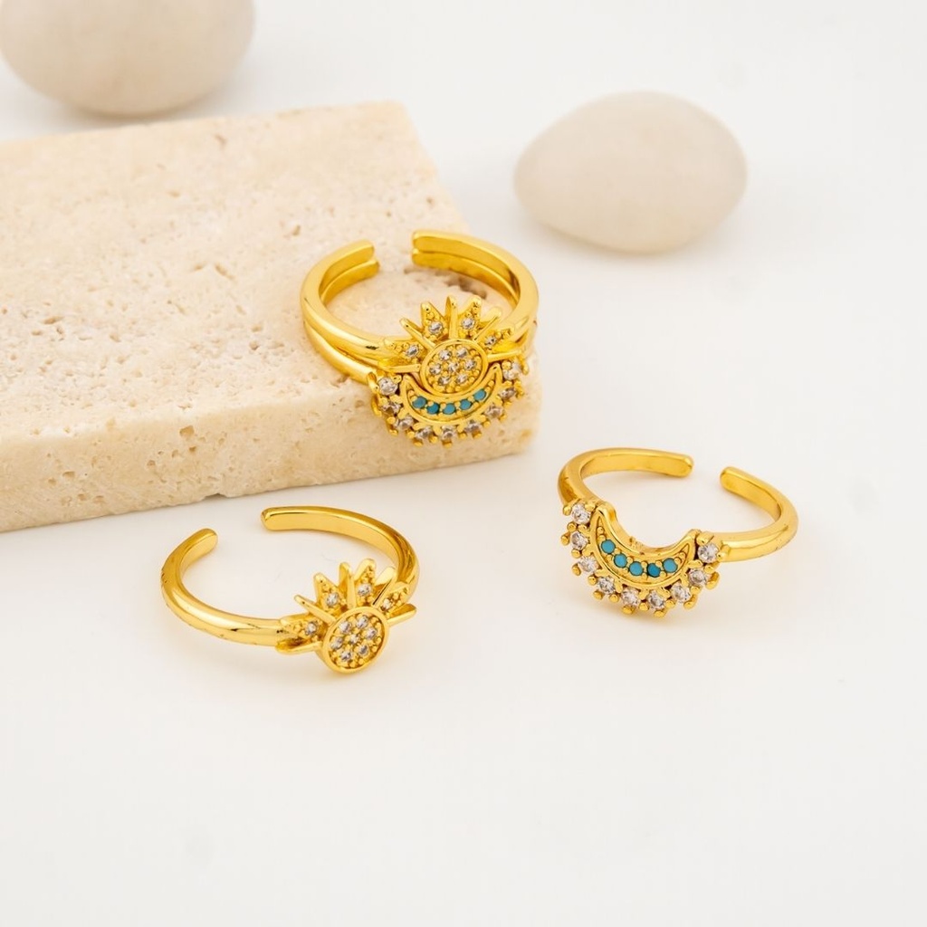 Conjunto de 2 Anillos Ajustables sol y luna flor baño 18k