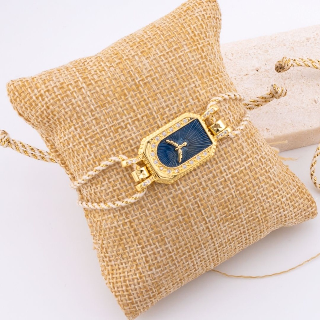Pulsera correa ajustable de hilo metalizado en forma de ave con zirconia esmaltado baño 18k 