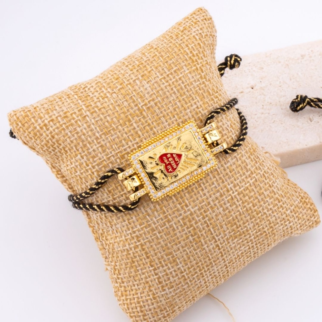 Pulsera correa ajustable de hilo metalizado en forma de corazon con zirconia esmaltado baño 18k 