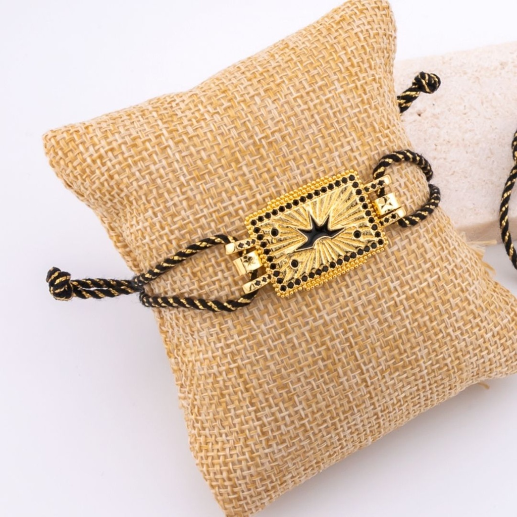Pulsera correa ajustable de hilo metalizado en forma de ojo turco con zirconia esmaltado baño 18k 