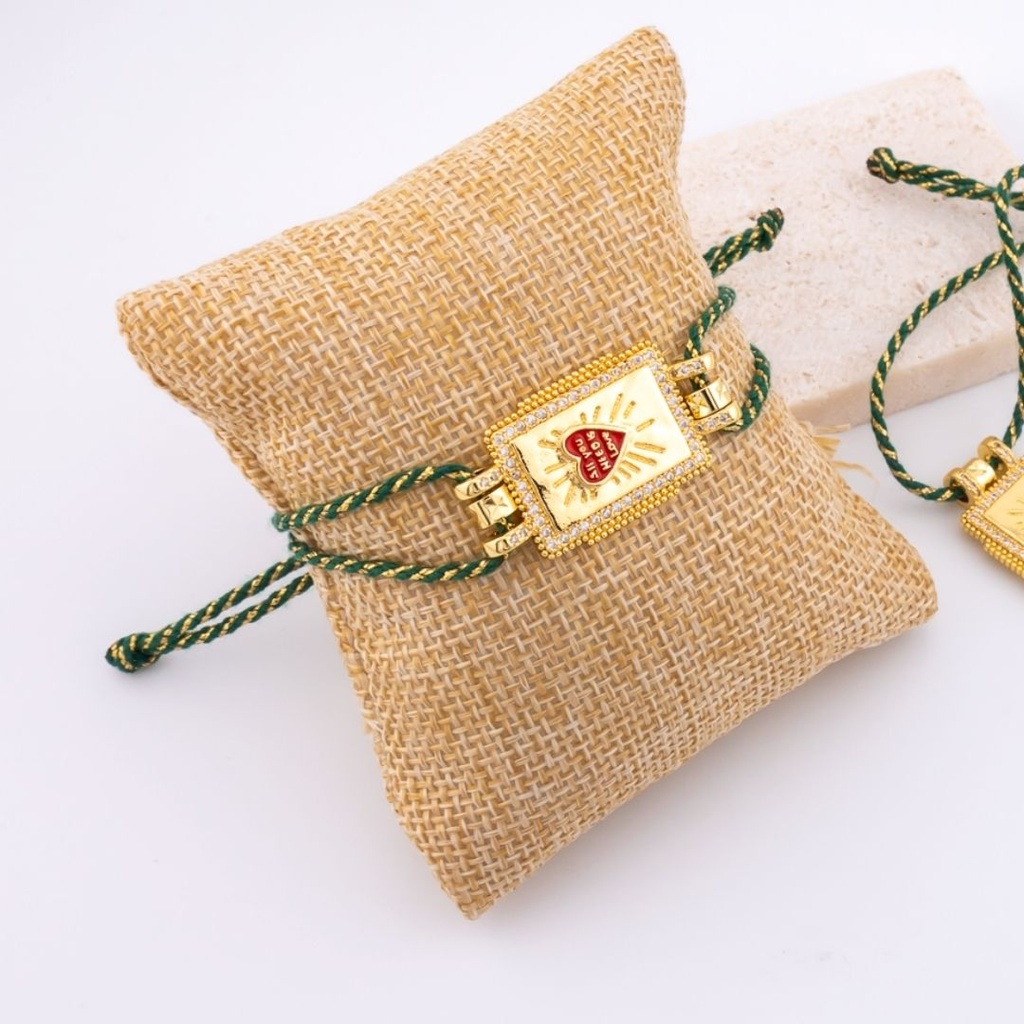 Pulsera correa ajustable de hilo metalizado en forma de corazon con zirconia esmaltado baño 18k 