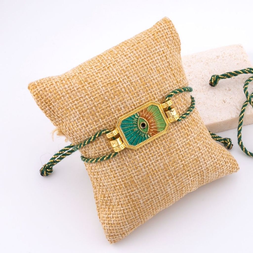 Pulsera correa ajustable de hilo metalizado en forma de ojo turco con zirconia esmaltado baño 18k 