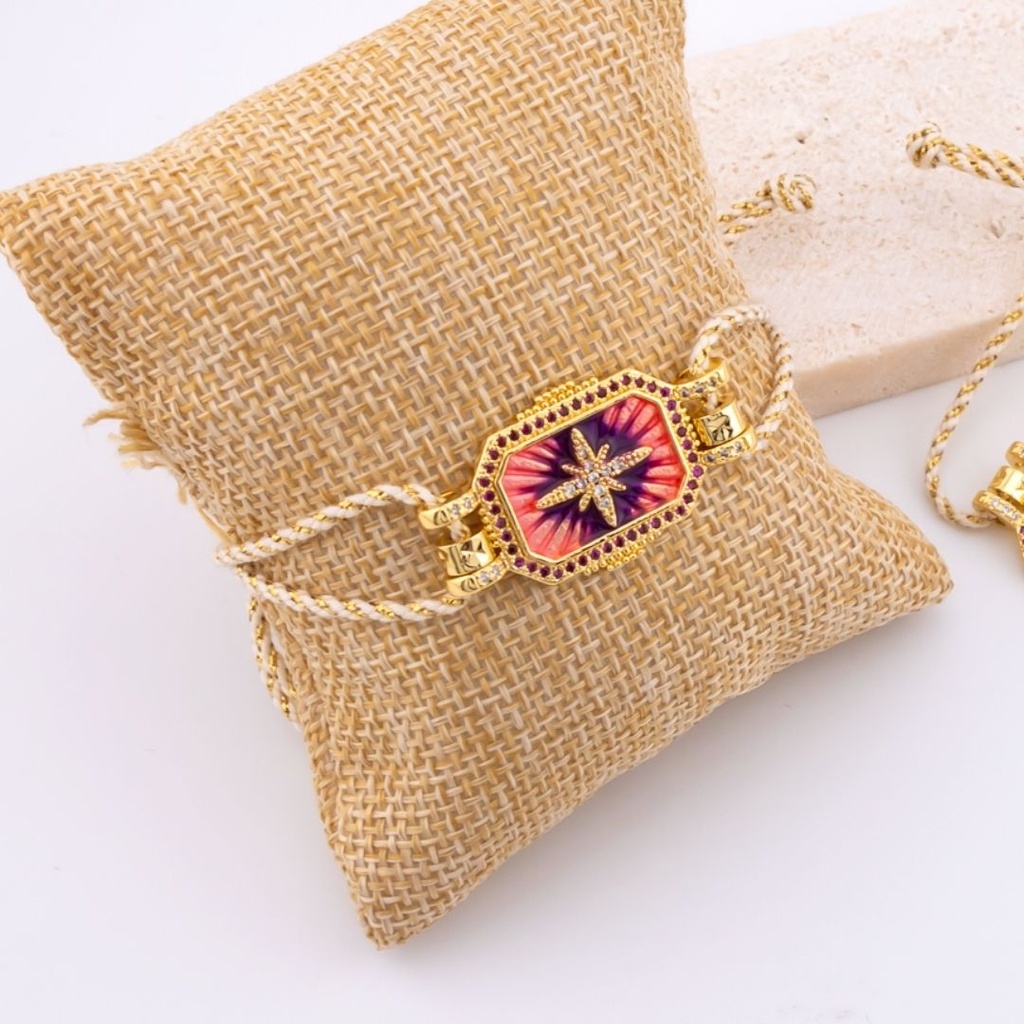 Pulsera correa ajustable de hilo metalizado en forma de estrella con zirconia esmaltado baño 18k 