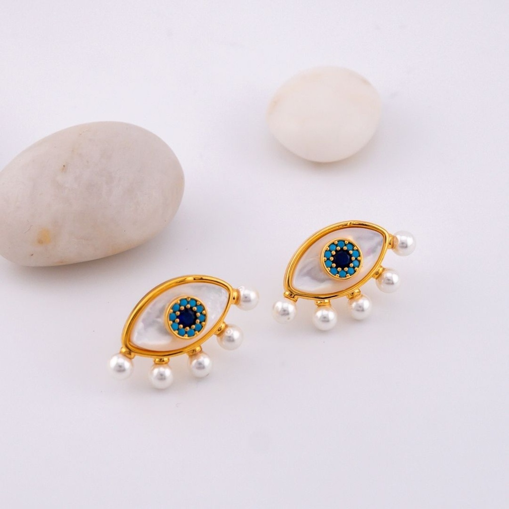 Aretes stud ojo turco madre perla y zirconias baño 18k pin de plata