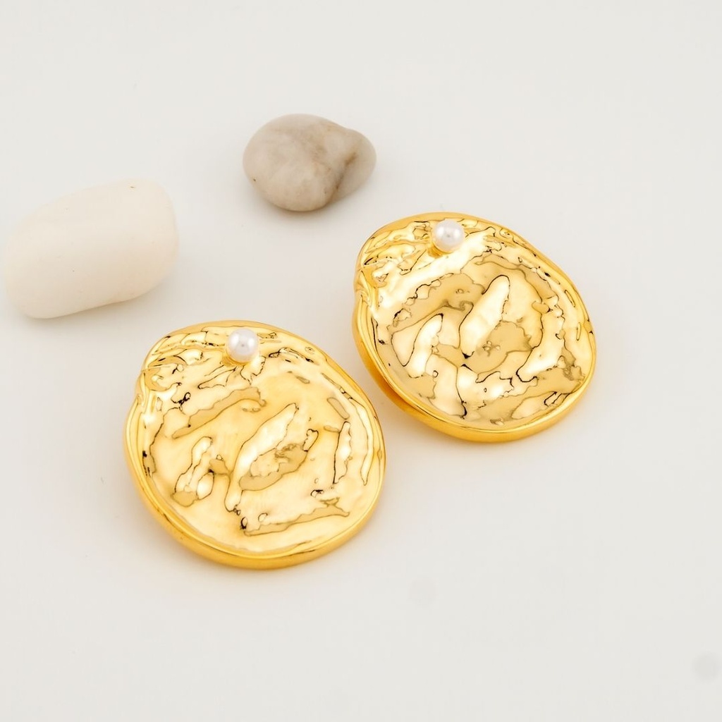 Aretes Chunky liviano redondo con perla pin de plata y  baño 18k