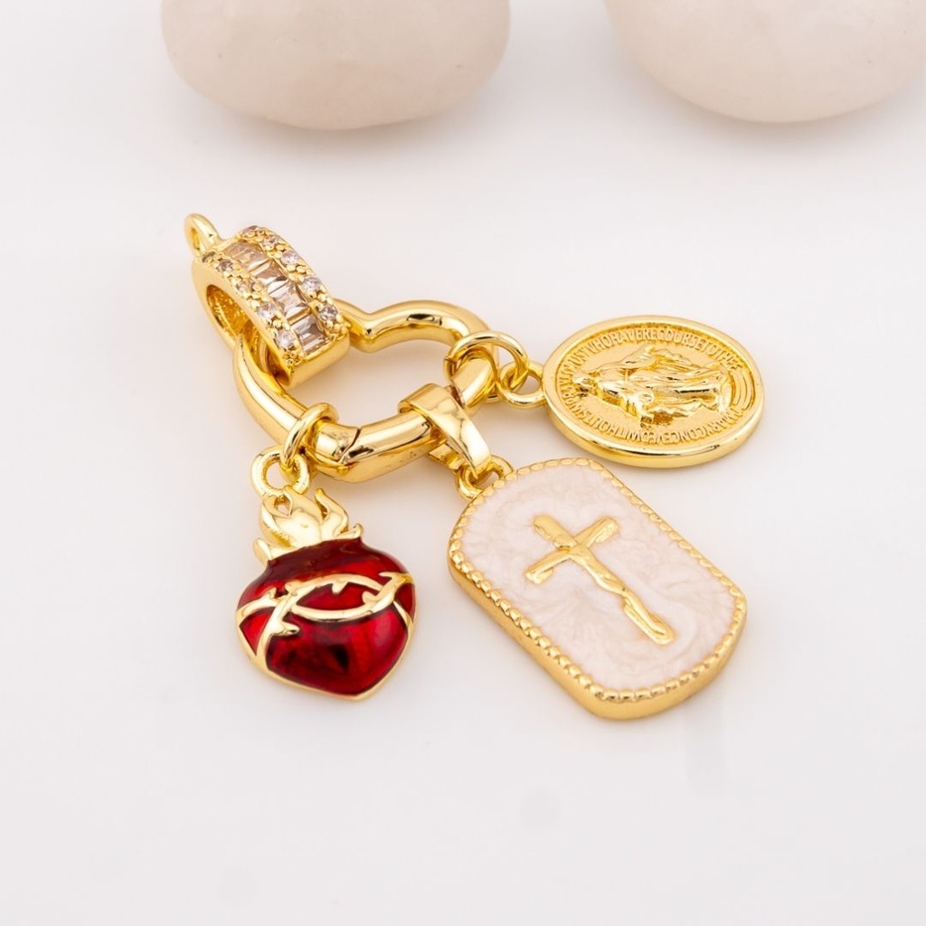 Set de 3 dijes con argolla y porta dije, cruz, sagrado corazon y medalla micropave con baño 18k