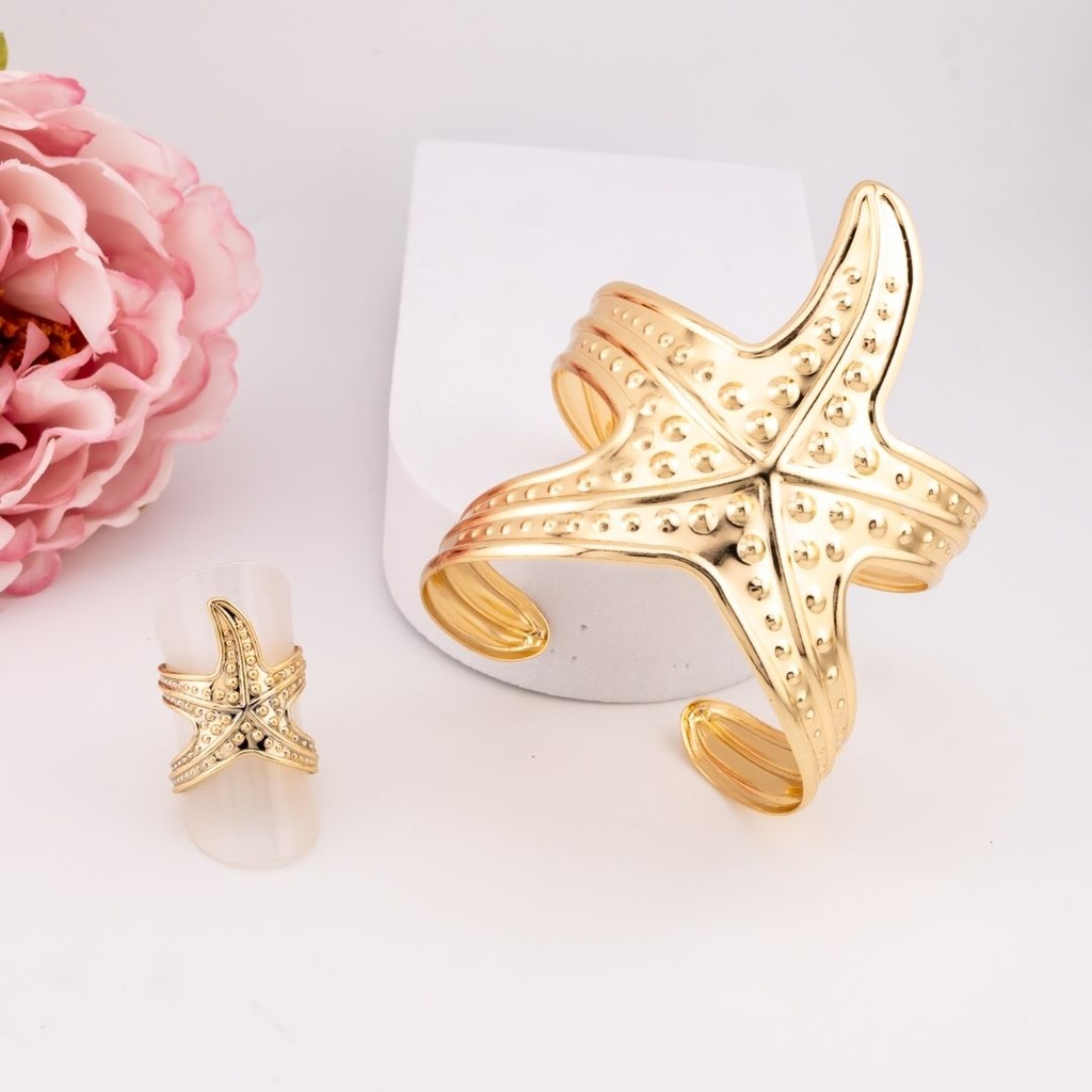 Set brazalete y anillo estrella de mar baño 18k