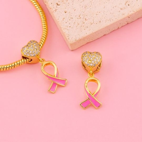 Charm de corazon con colgante de lazo rosado cancer de mama en micropave
