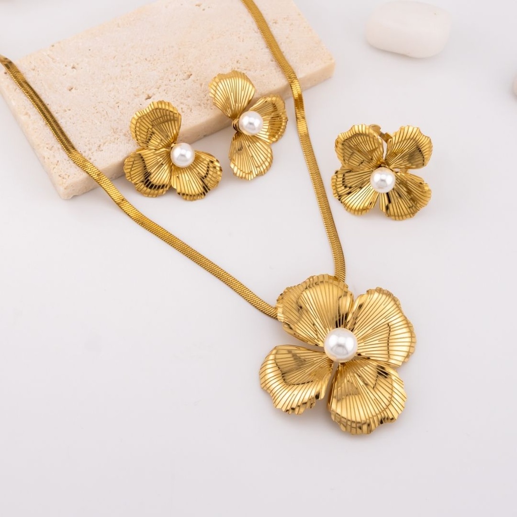 Set Aretes anillo y collar flor con perla en acero inoxidable