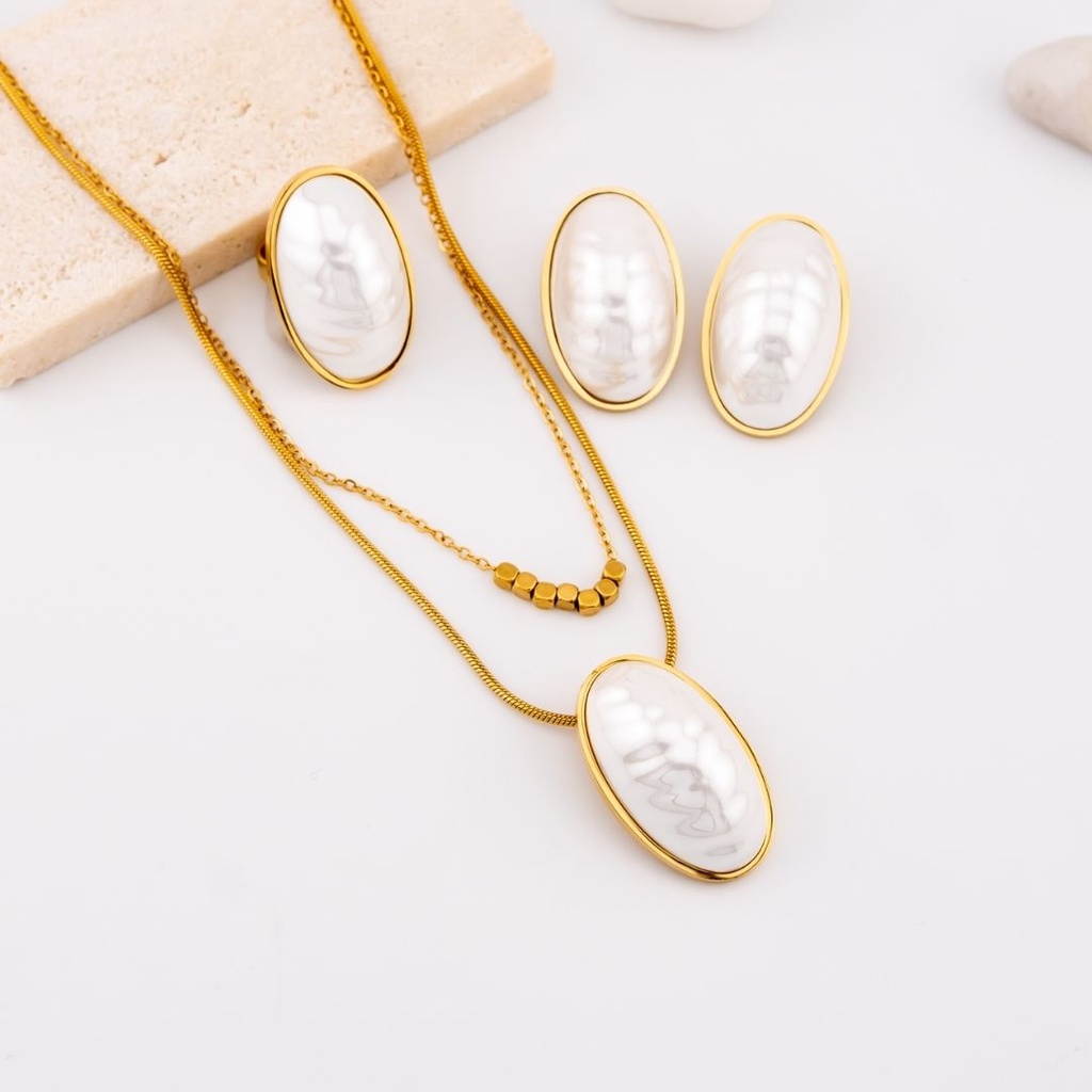 Set Aretes anillo y collar con perla en acero inoxidable