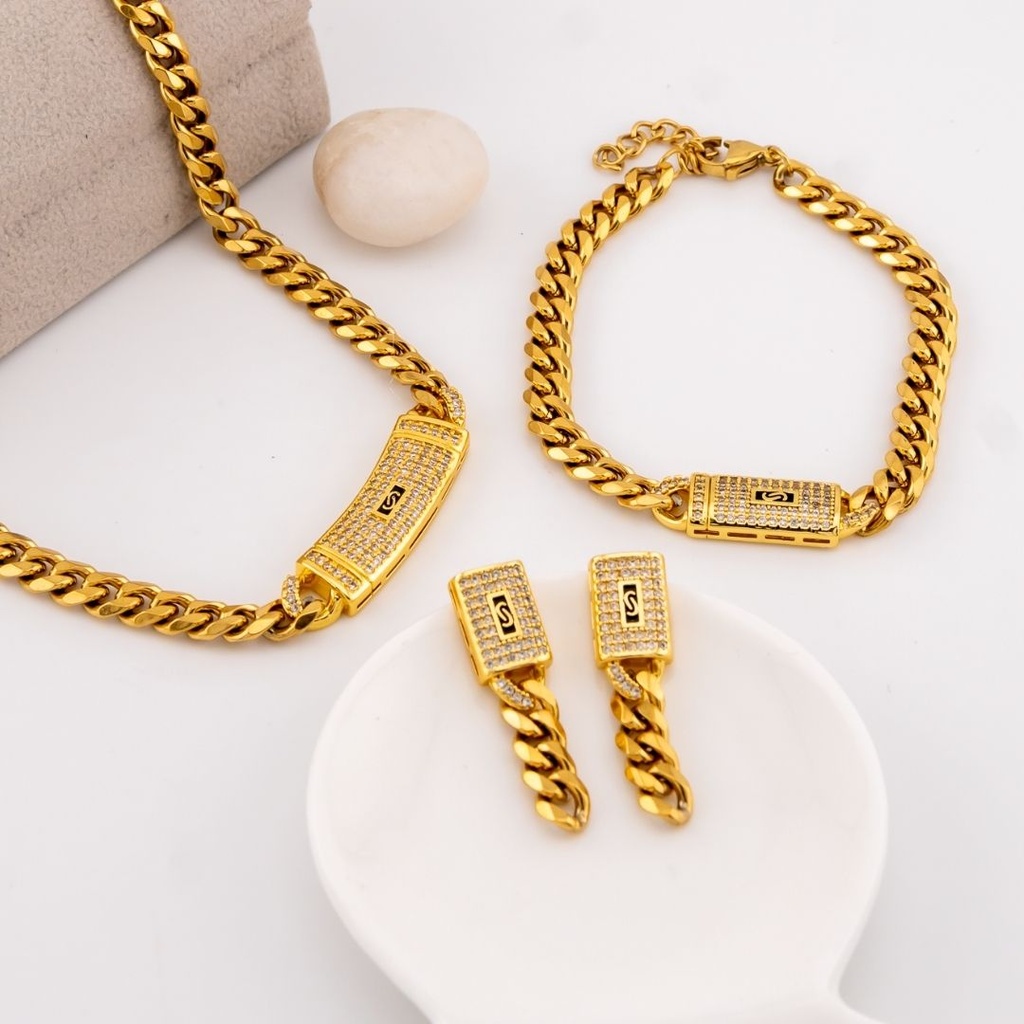 Set arete, pulsera y collar de marca en acero inoxidable