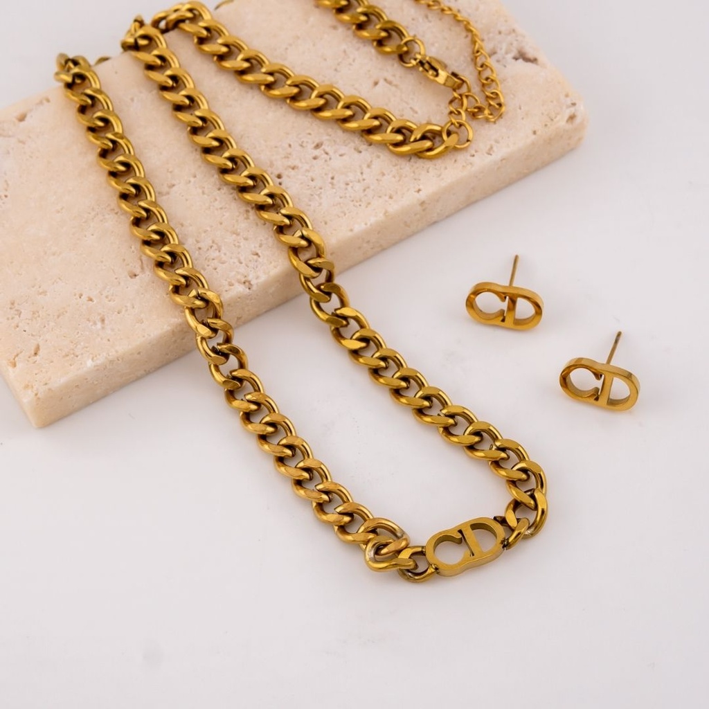 Set Conjunto de cadena y aretes de marca en acero inoxidable L316