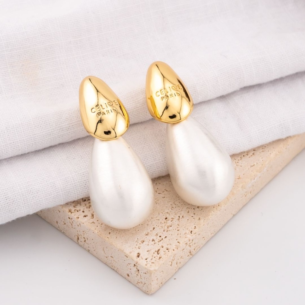 Aretes stud gota con perla gota pin de plata baño 18k