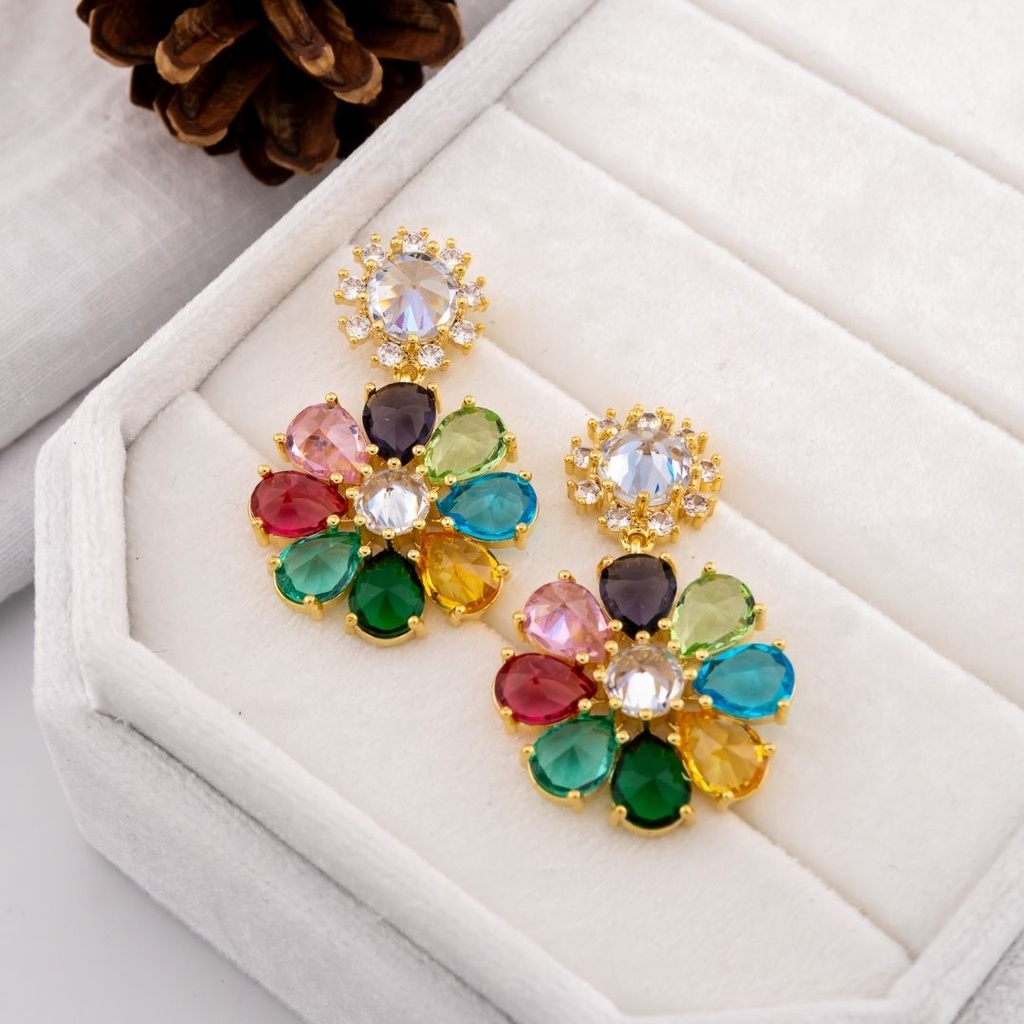 Aretes colgantes flor multicor zirconia  baño 18k