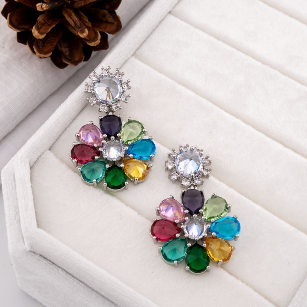 Aretes colgantes flor multicor zirconia  baño 18k