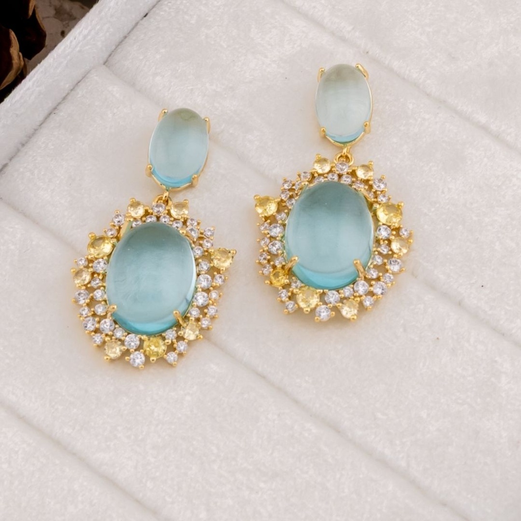 Aretes colgantes azul con zirconia baño 18k