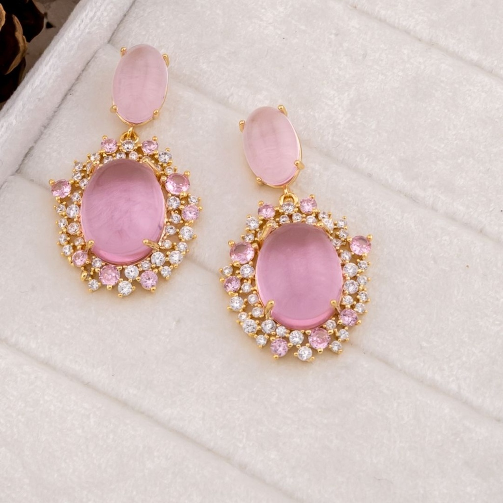 Aretes colgantes rosado con zirconia baño 18k