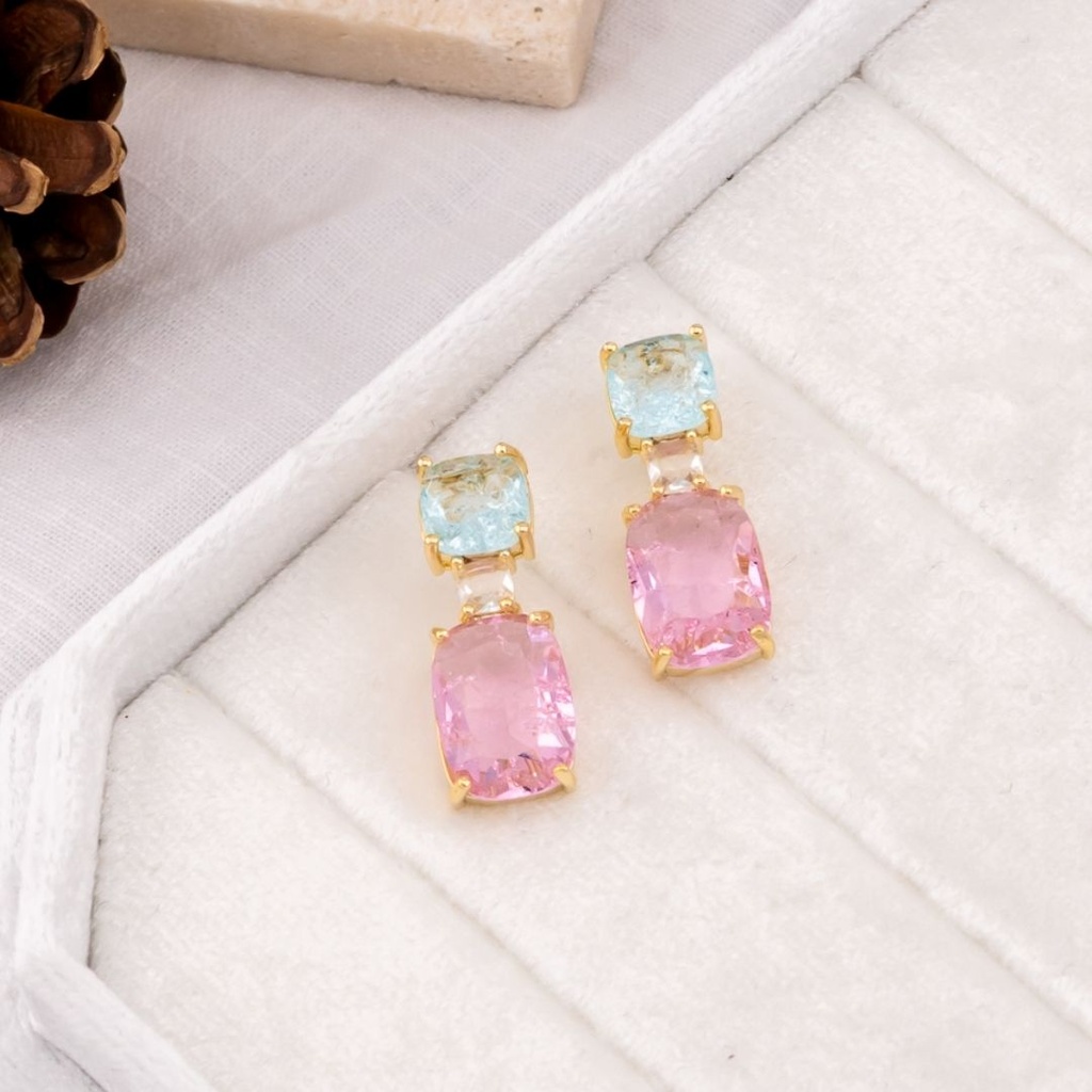 Aretes zirconia azul y rosa baño 18k