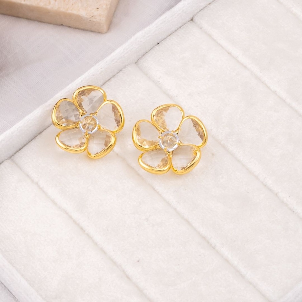 Aretes flor transparentes dorado baño 18k 