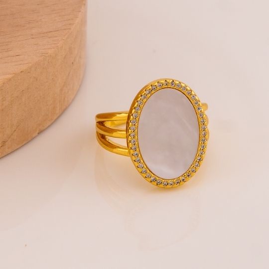 Anillo ajustable con concha nacar y zirconias baño 18k