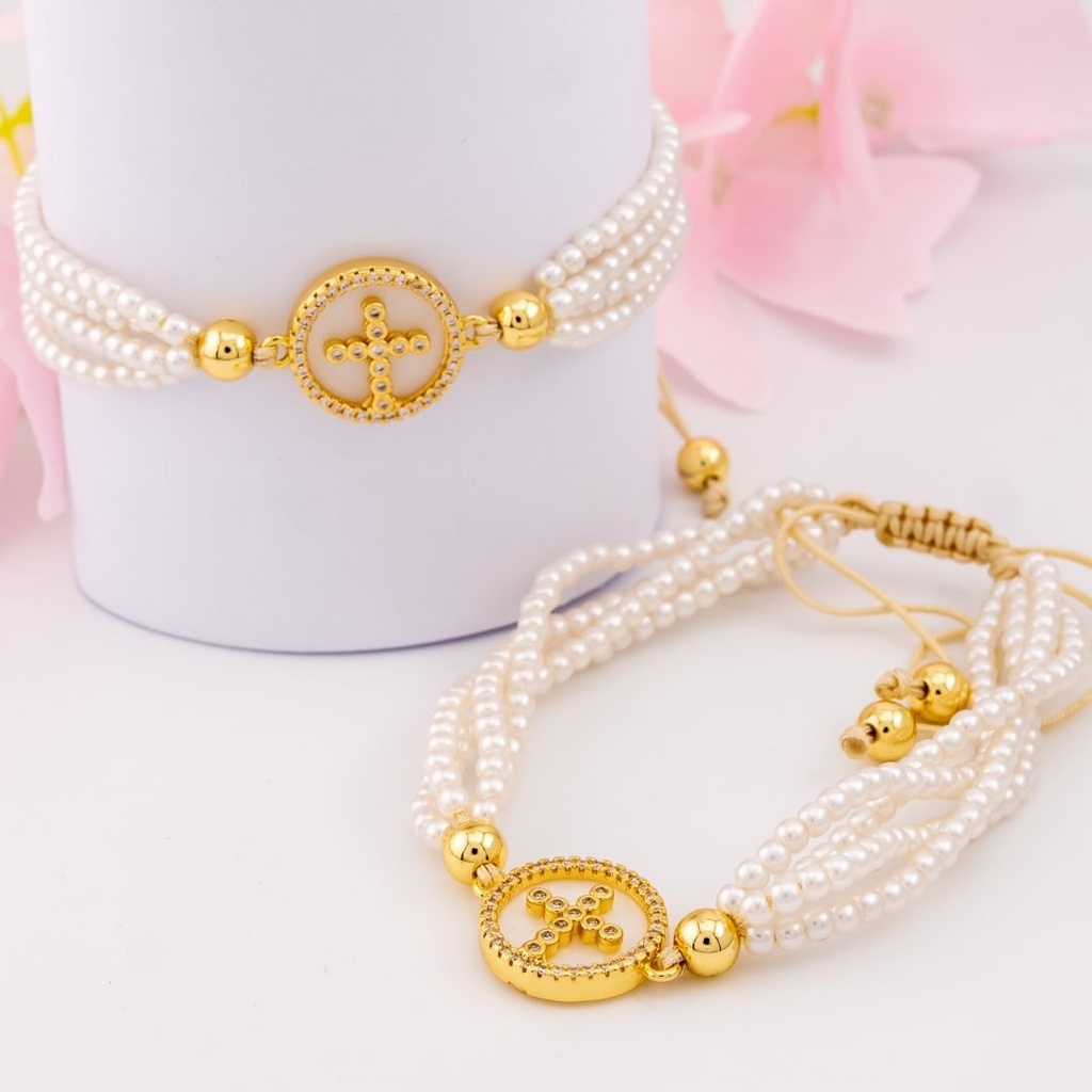 Pulsera ajustable con perlas baño 18k