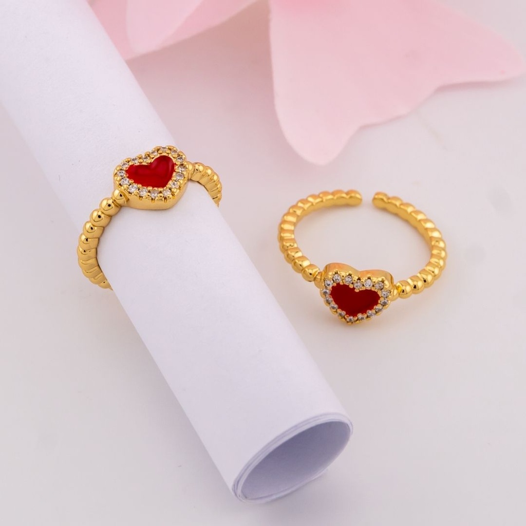 Anillo ajustable de corazon con zirconias baño 18k