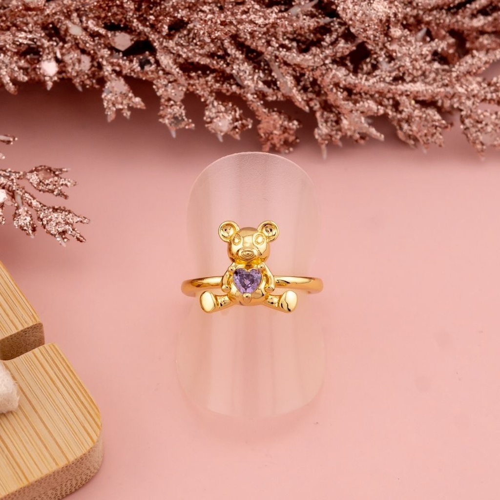 Anillo ajustable de osito baño 18k violeta