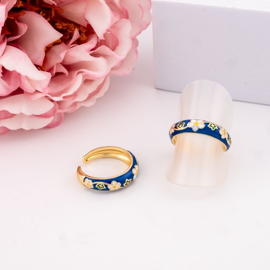 Anillo ajustable esmaltado con flores baño 18k azul
