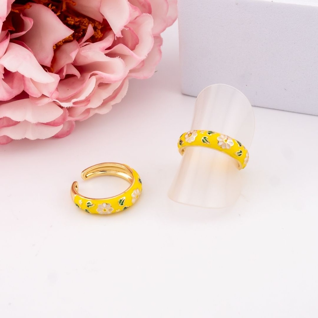 Anillo ajustable esmaltado con flores baño 18k amarillo