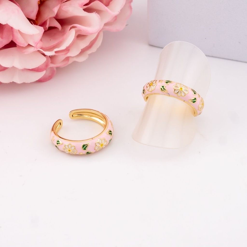 Anillo ajustable esmaltado con flores baño 18k rosa