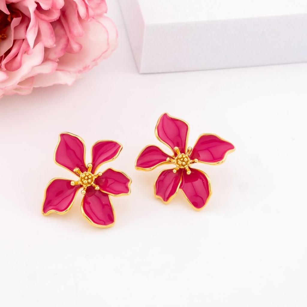 Aretes de flor esmaltadas (ROSADO) baño 18k