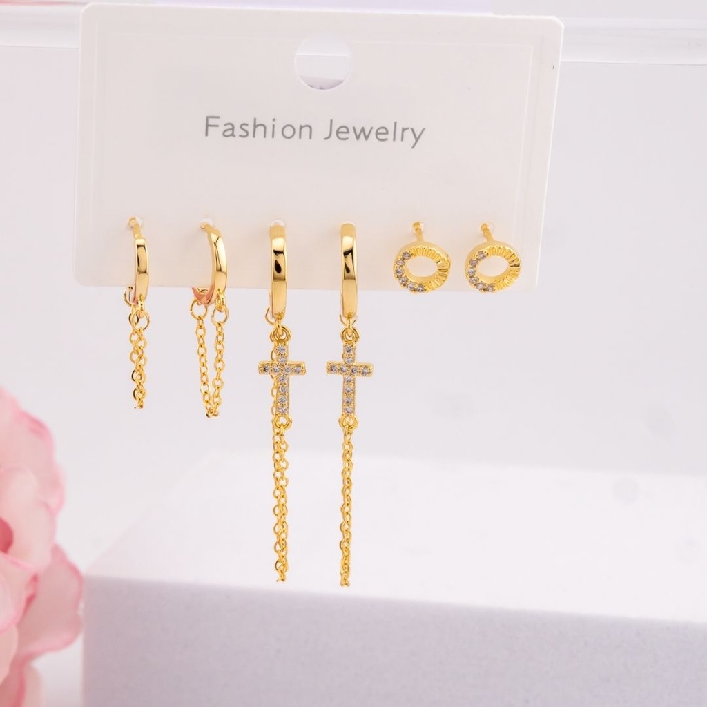 Set de argollas colgantes con zirconias baño 18k