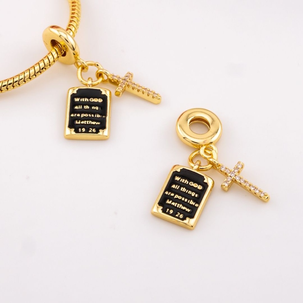 Charm de religioso (MATEO 19:26) con zirconias baño 18k