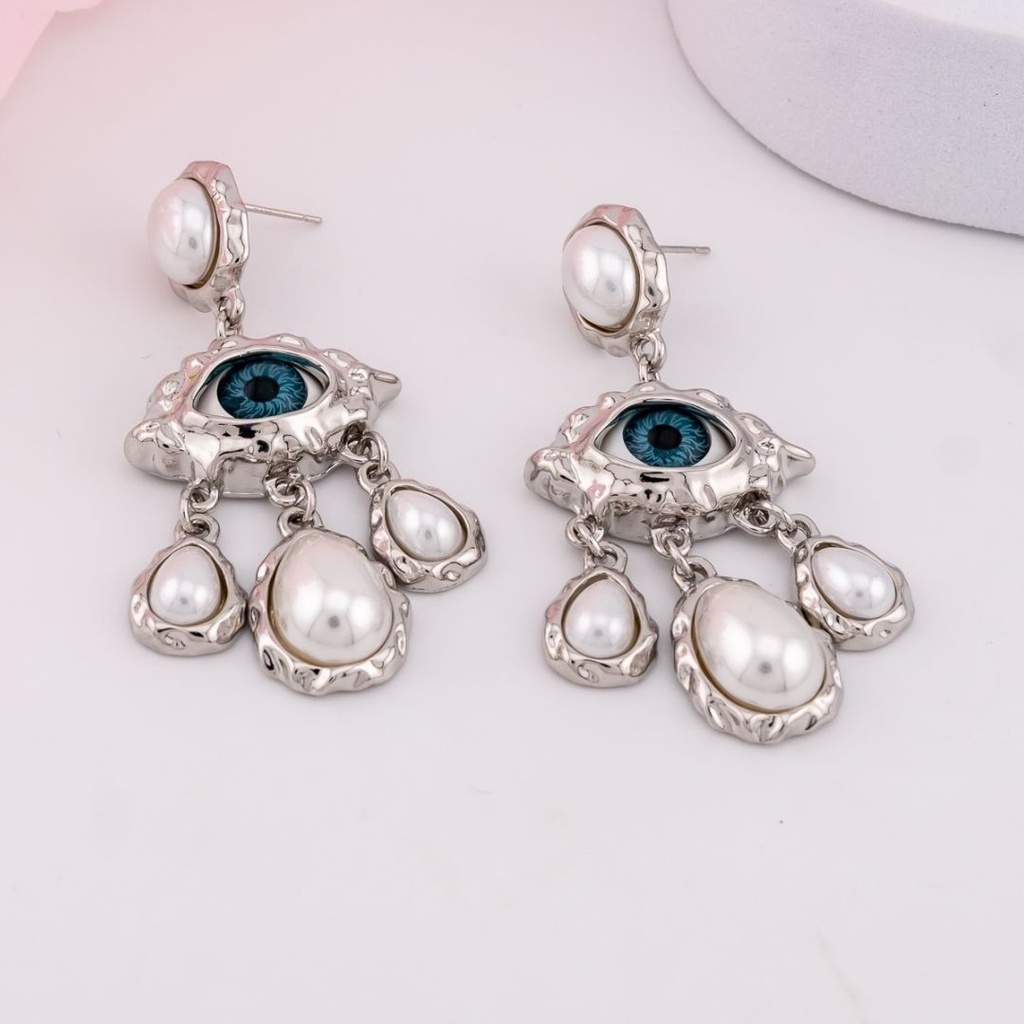 Aretes colgantes de ojos con perlas baño 18k plat
