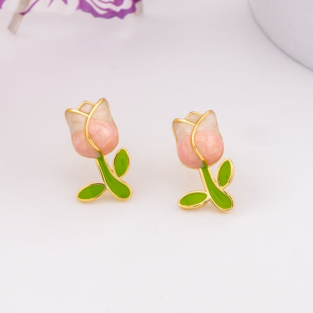Aretes stud de tulipan esmaltados baño 18k rosa