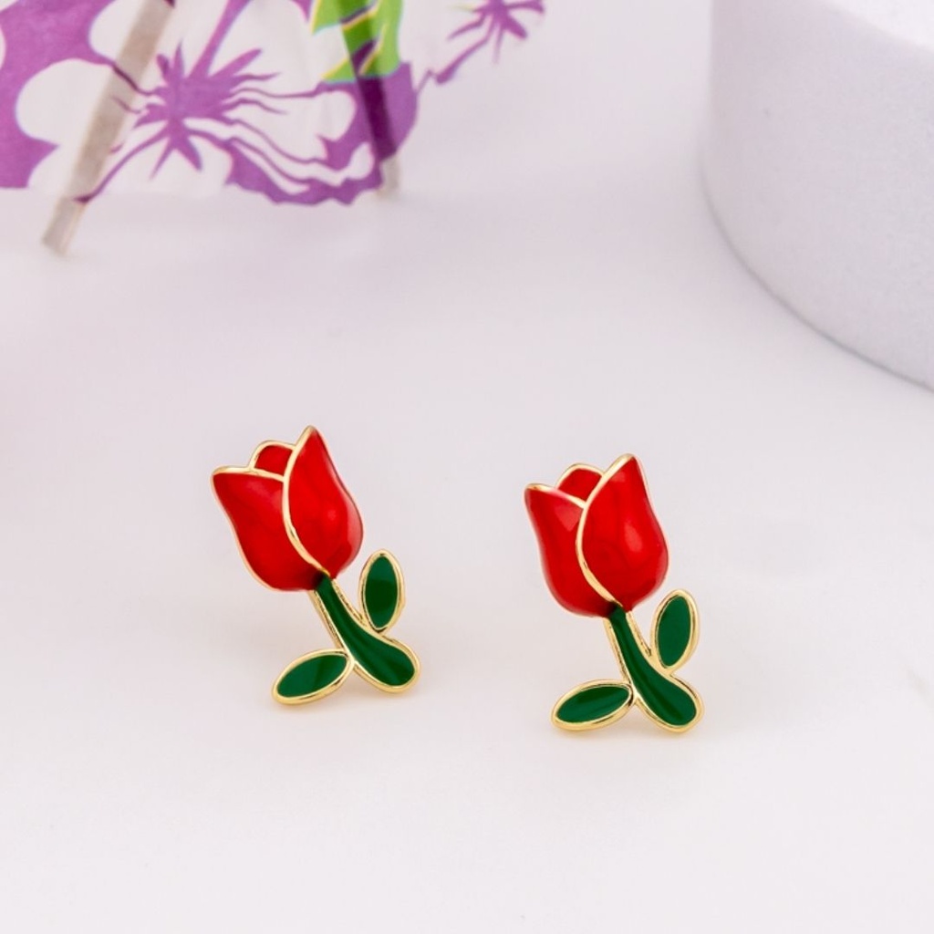 Aretes stud de tulipan esmaltados baño 18k rojos