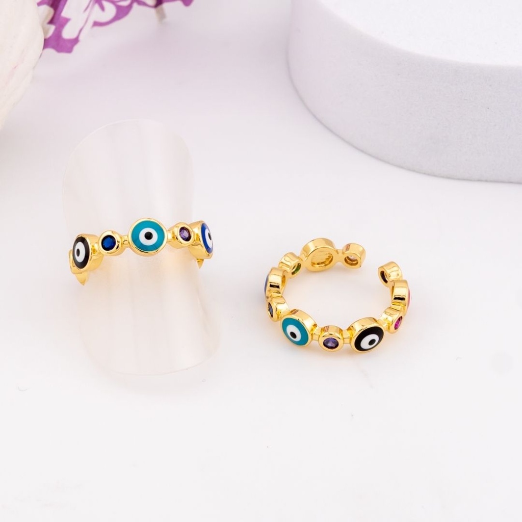 Anillo ojos turcos ajustable con zirconias baño 18k