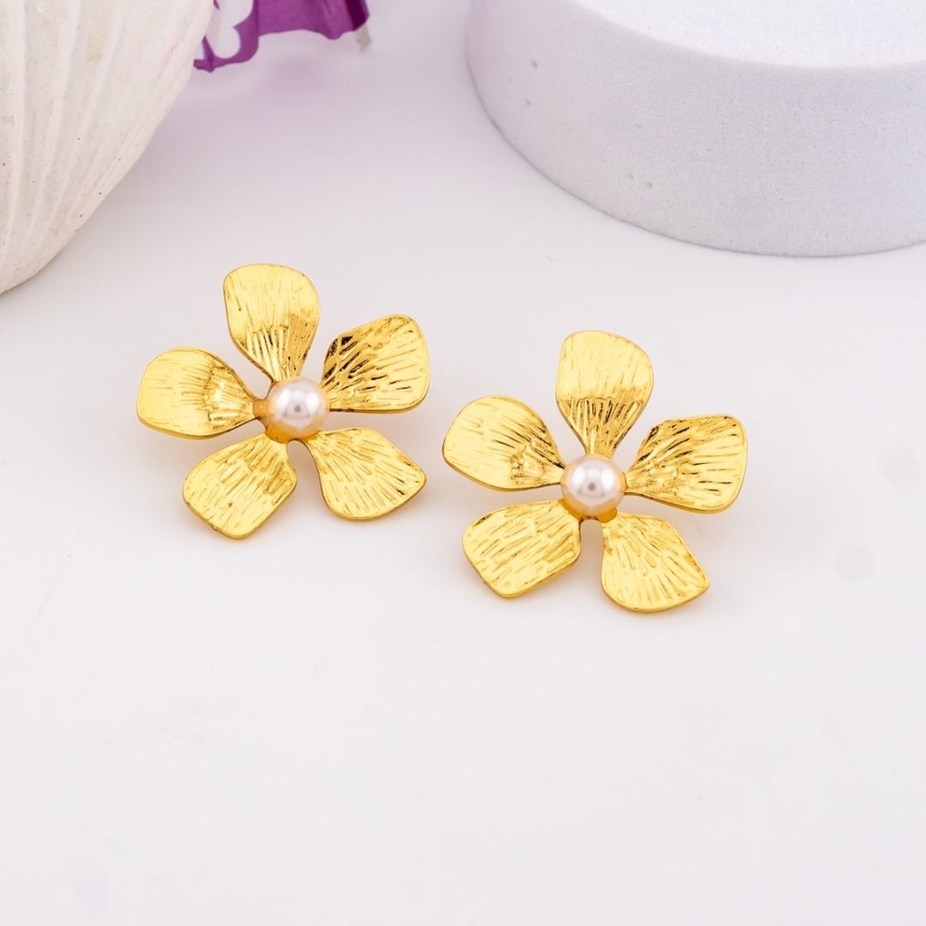 Aretes stud de flor con perlas acero inoxidable