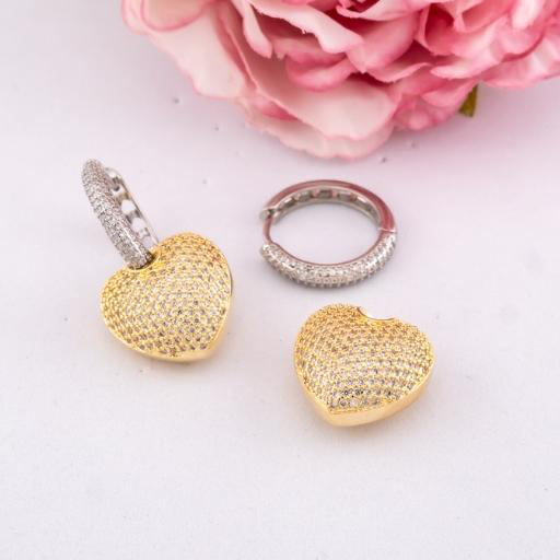 Aretes colgantes de corazon doble uso con zirconias baño 18k